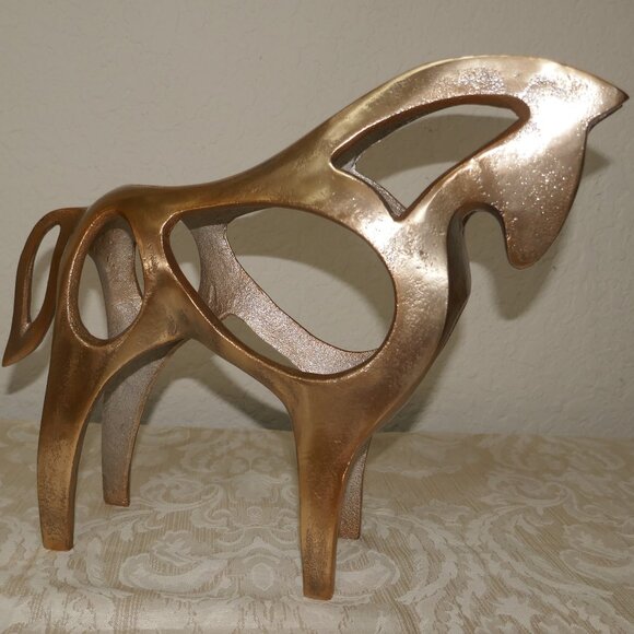 Equestrian Art Statue Sculpture Gold Tone Metal Horse Abstract Open Work